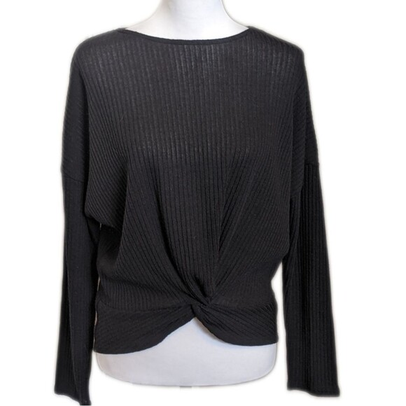 Hyfve ribbed lightweight sweater with twist knot front hem, black, L - Picture 1 of 5